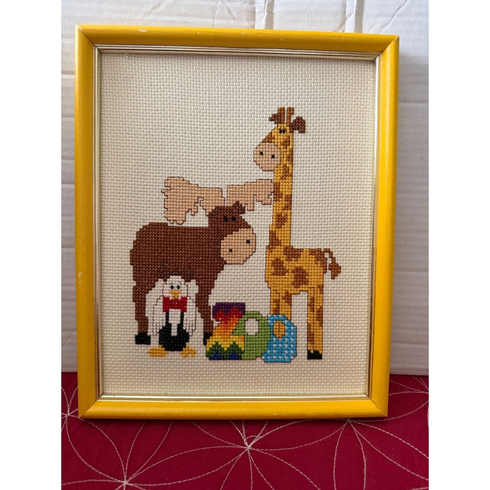 Vintage Framed ZooAnimal Cross Stitch Wall Art Giraffe Moose Penguin Yellow 8x10